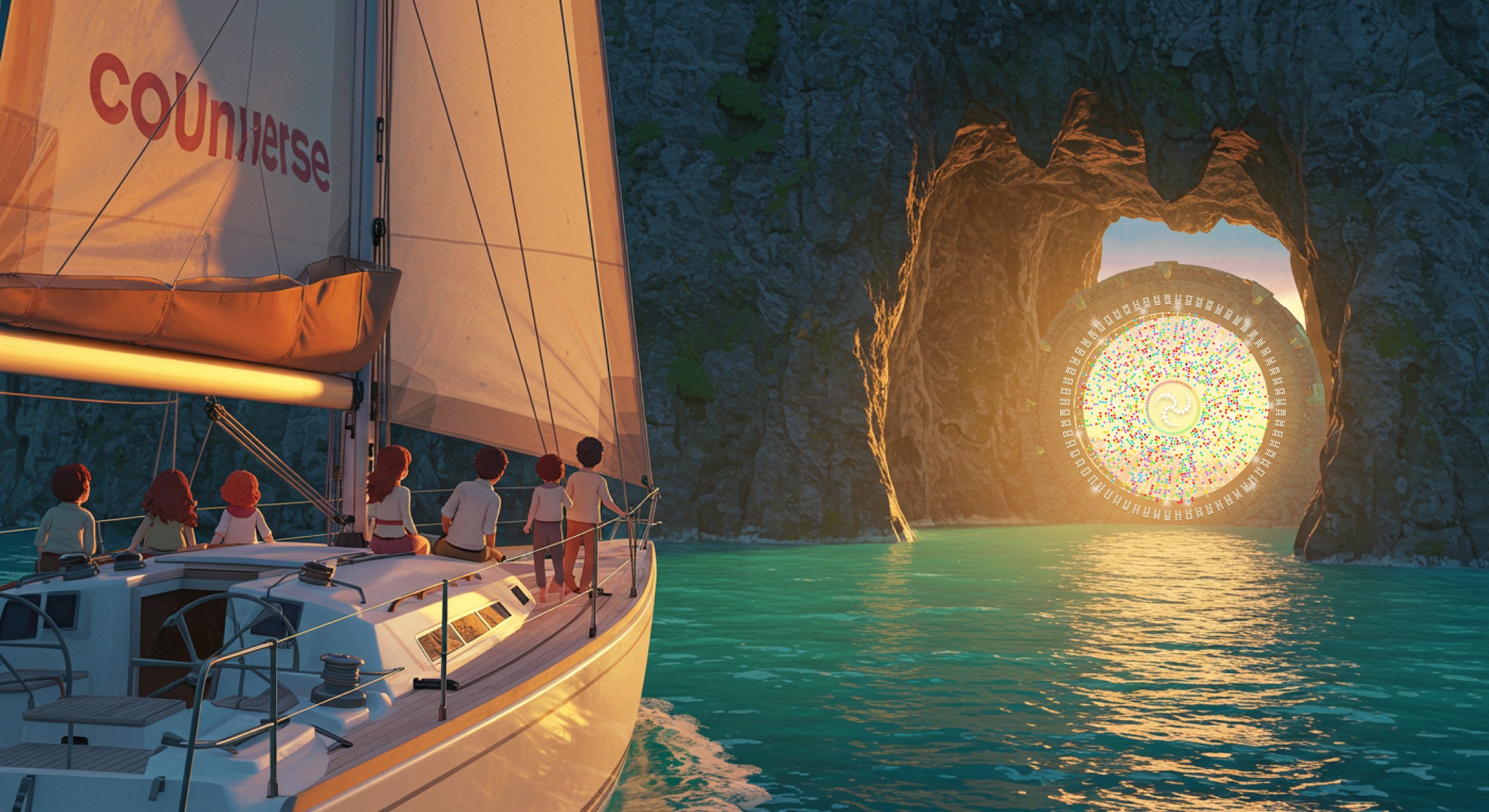 coUniverse sailboat approaching a magical portal