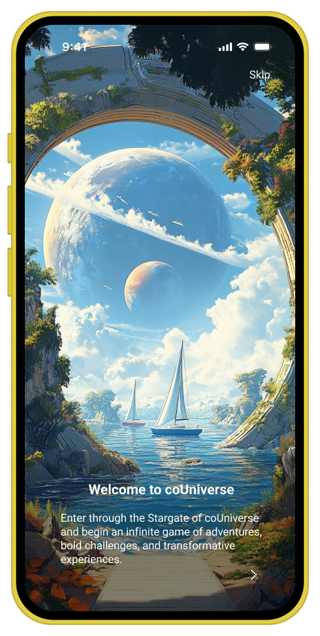 coUniverse app intro screen showing a stargate view of planets